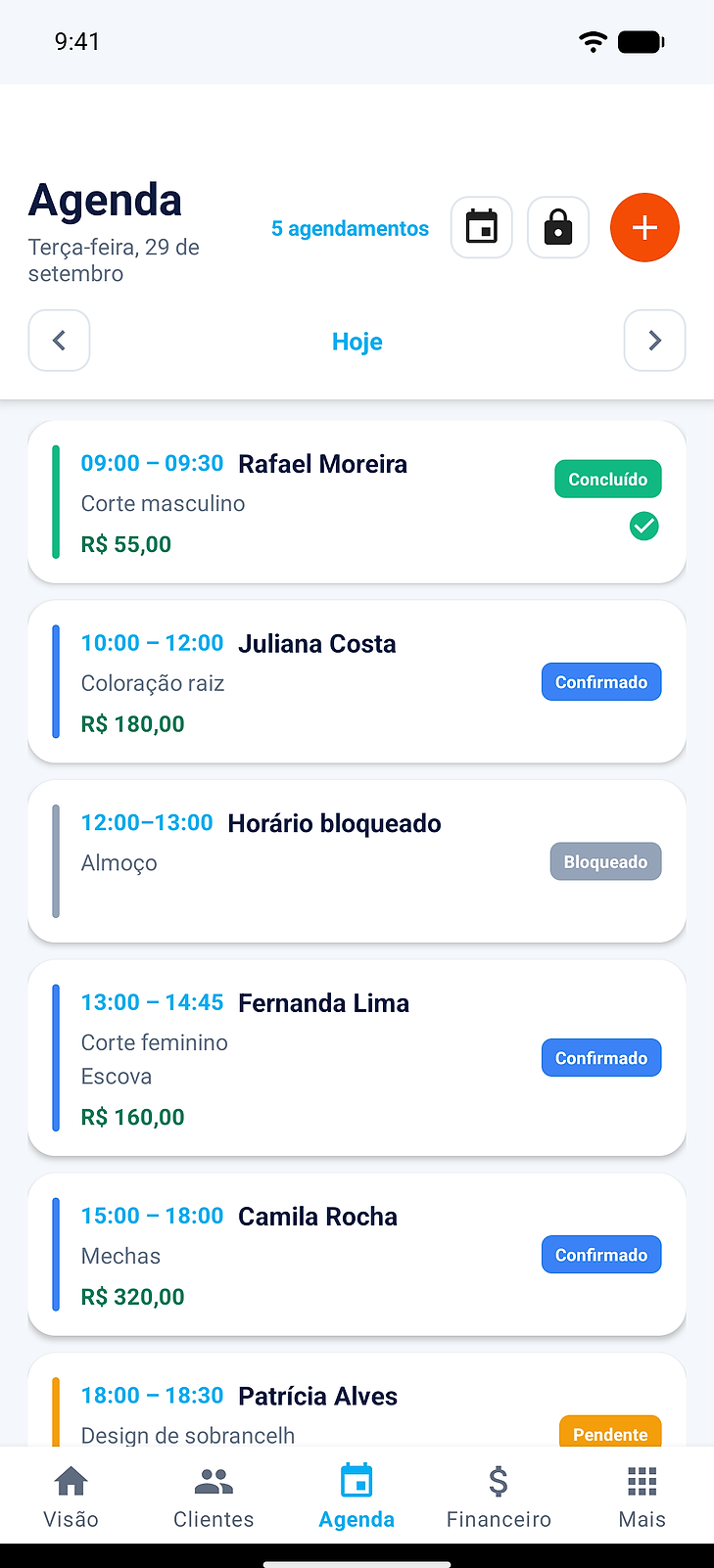 Tela Agenda do app: os atendimentos do dia em ordem de horário, com serviço, valor e a situação de cada um.