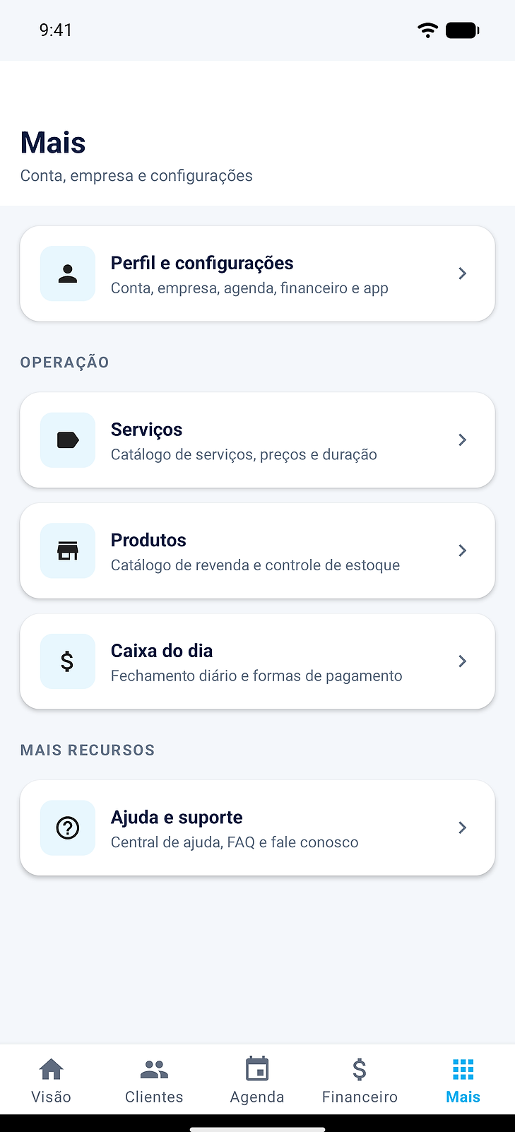 Tela Mais do app: o índice com Perfil e configurações, Serviços, Produtos, Caixa do dia e Ajuda e suporte.